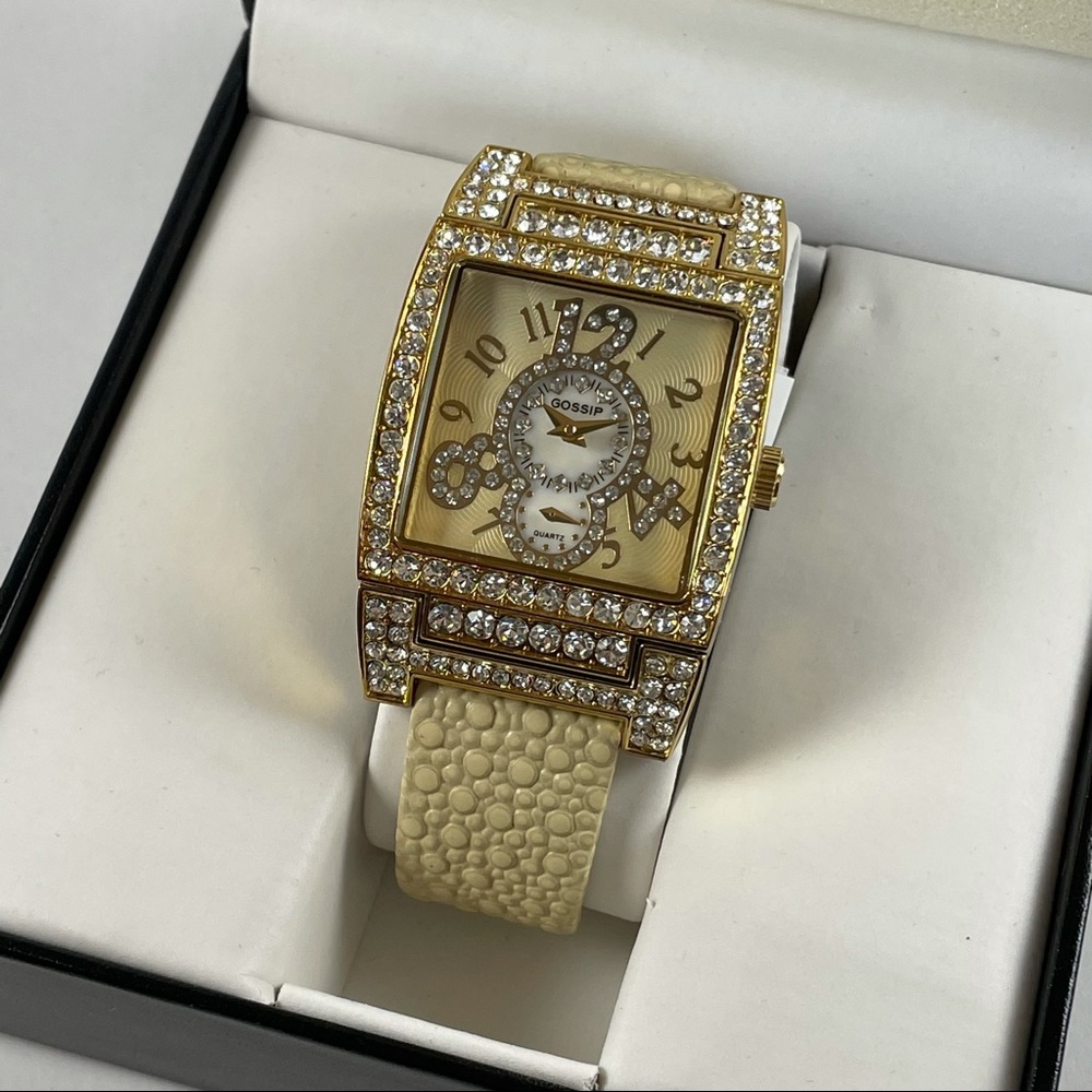 Tan Banded Yellow Crystal Two Dial Watch